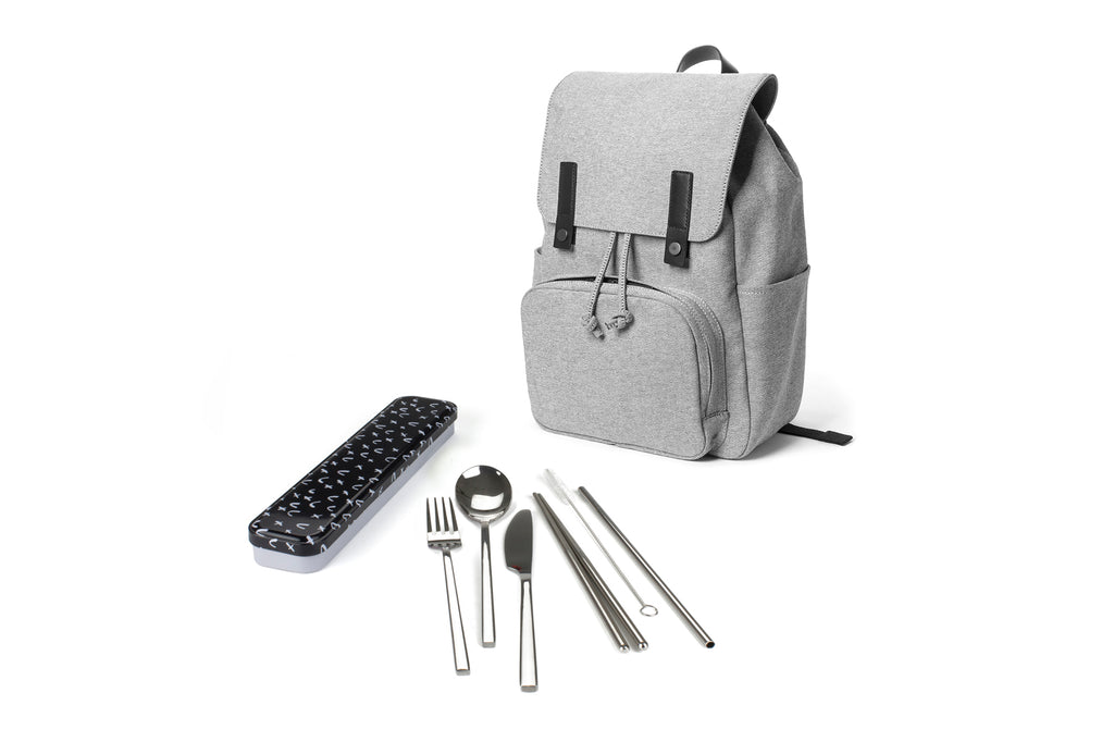 RetroKitchen Carry Your Cutlery Set - Criss Cross Design - includes fork, knife, spoon, chopsticks, straw and brush