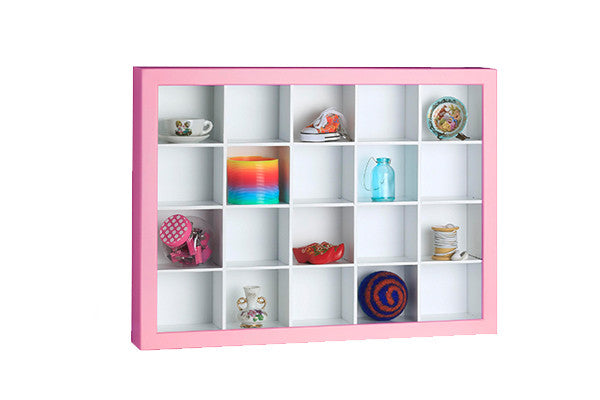pink timber shadow box with trinkets and collectibles displayed