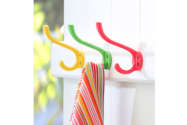 retrokitchen set of 3 yellow, green, pink enamel wall hooks