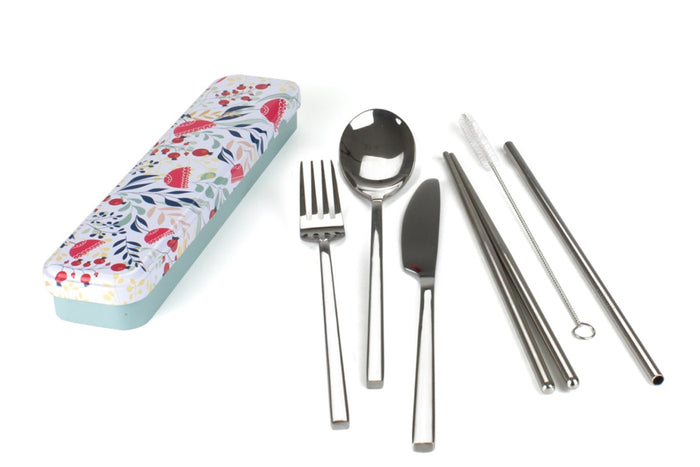 RetroKitchen Carry Your Cutlery Set - Botanical Design - includes fork, knife, spoon, chopsticks, straw and brush