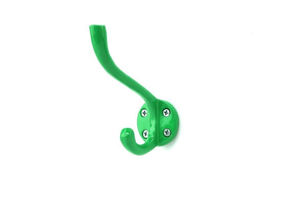 Green enamel metal hook on a white background