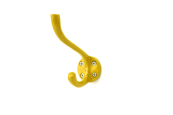 Yellow enamel metal wall hook on a white background