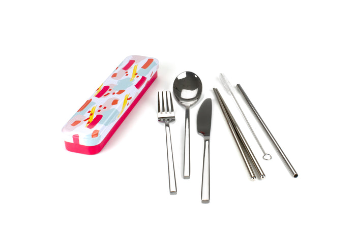 RetroKitchen Carry Your Cutlery Set - Colour Splash Design - includes fork, knife, spoon, chopsticks, straw and brush