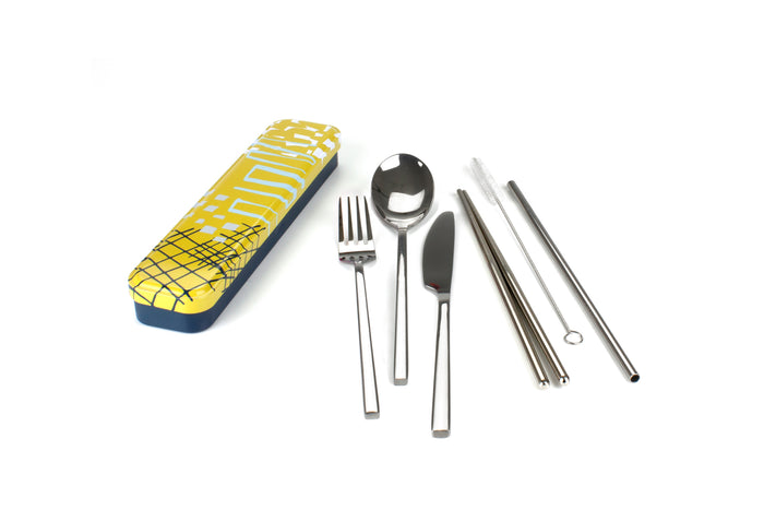 RetroKitchen Carry Your Cutlery Set - Abstract Design - includes fork, knife, spoon, chopsticks, straw and brush