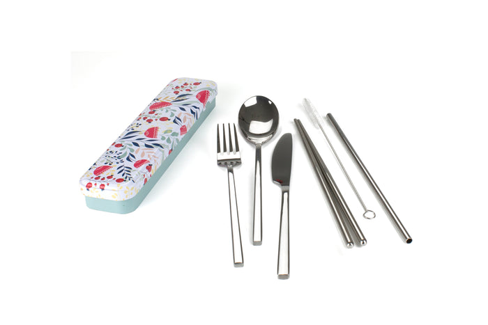 RetroKitchen Carry Your Cutlery Set - Botanical Design - includes fork, knife, spoon, chopsticks, straw and brush