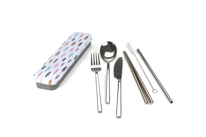 RetroKitchen Carry Your Cutlery Set - Leaf Design - includes fork, knife, spoon, chopsticks, straw and brush