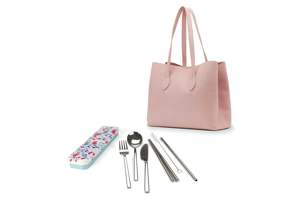 RetroKitchen Carry Your Cutlery Set - Botanical Design - includes fork, knife, spoon, chopsticks, straw and brush