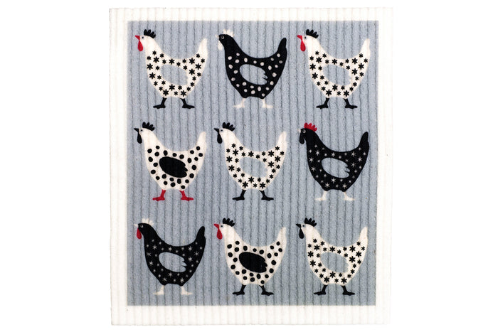 retrokitchen swedish dish cloth with hens design in grey and black
