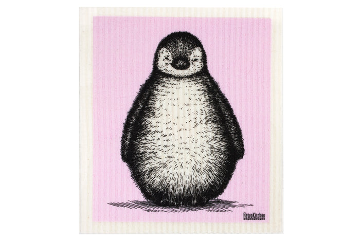 RetroKitchen biodegradable kitchen sponge cloth - baby penguin design in pastel pink