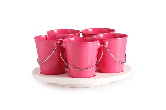 kids kitchen craft turntable with hot pink removable enamel buckets and white timber turntable