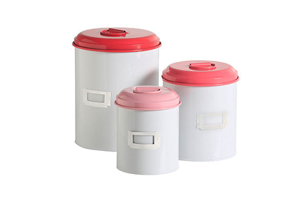 retro kitchen set of 3 canisters with raspberry and pink colourful lids
